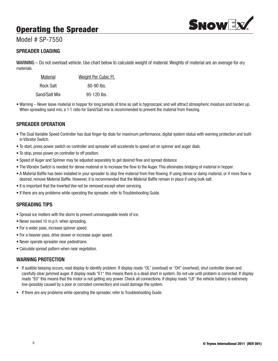 Operating the spreader, Model # sp-7550 | SnowEx SP-7550 User Manual | Page 8 / 36