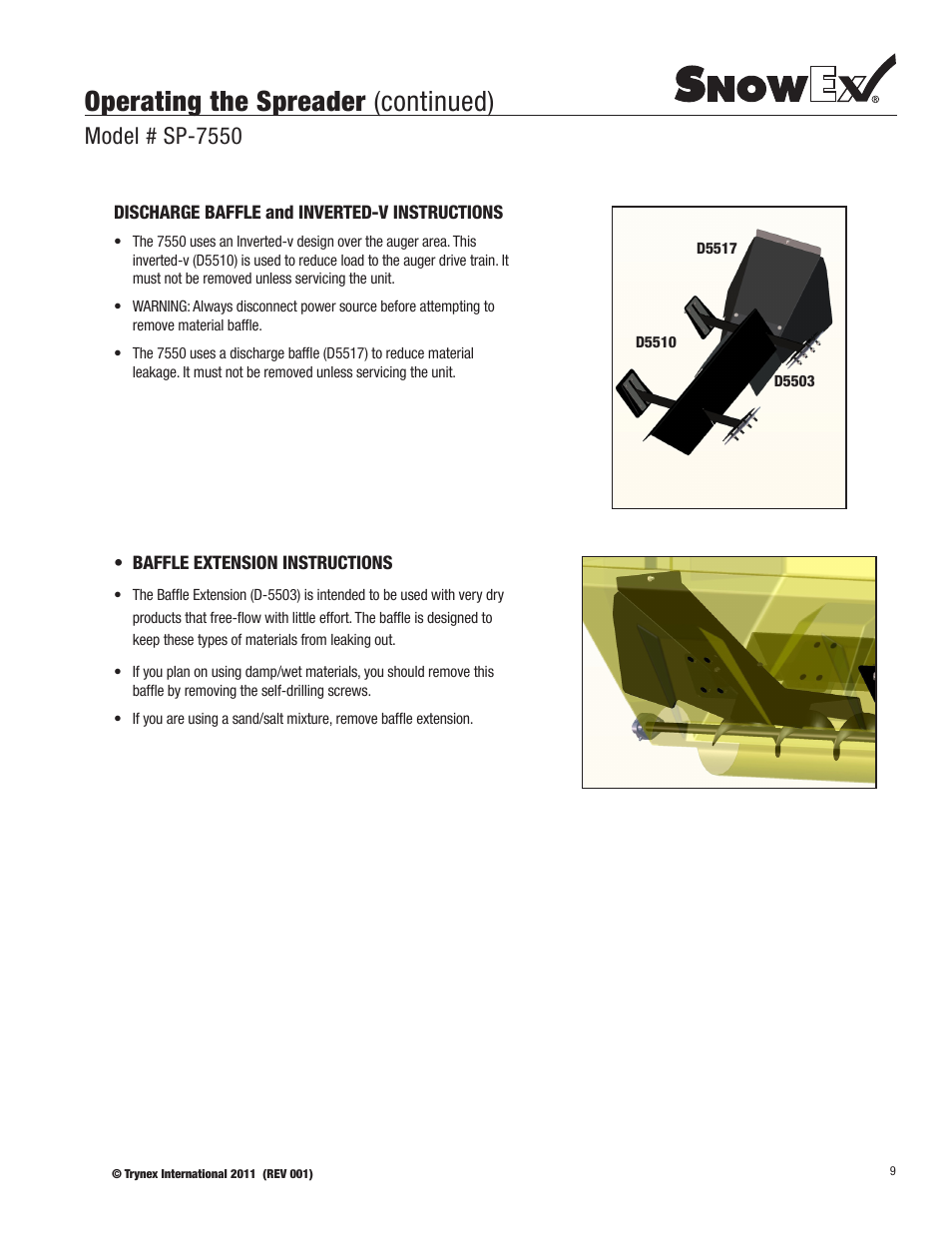 Operating the spreader (continued), Model # sp-7550 | SnowEx SP-7550 User Manual | Page 9 / 36