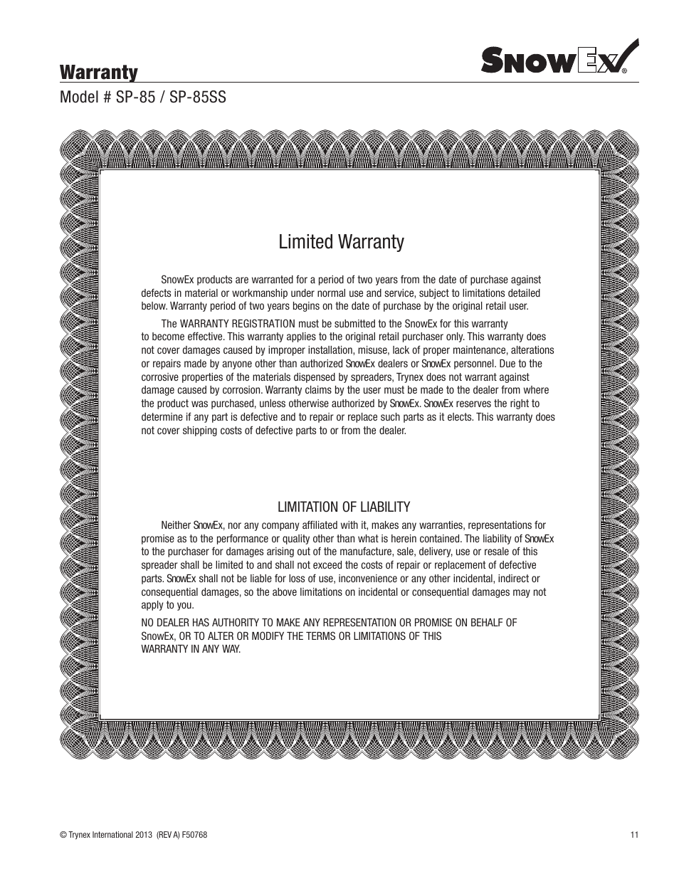 Warranty, Limited warranty, Model # sp-85 / sp-85ss | SnowEx SP-85SS User Manual | Page 11 / 28