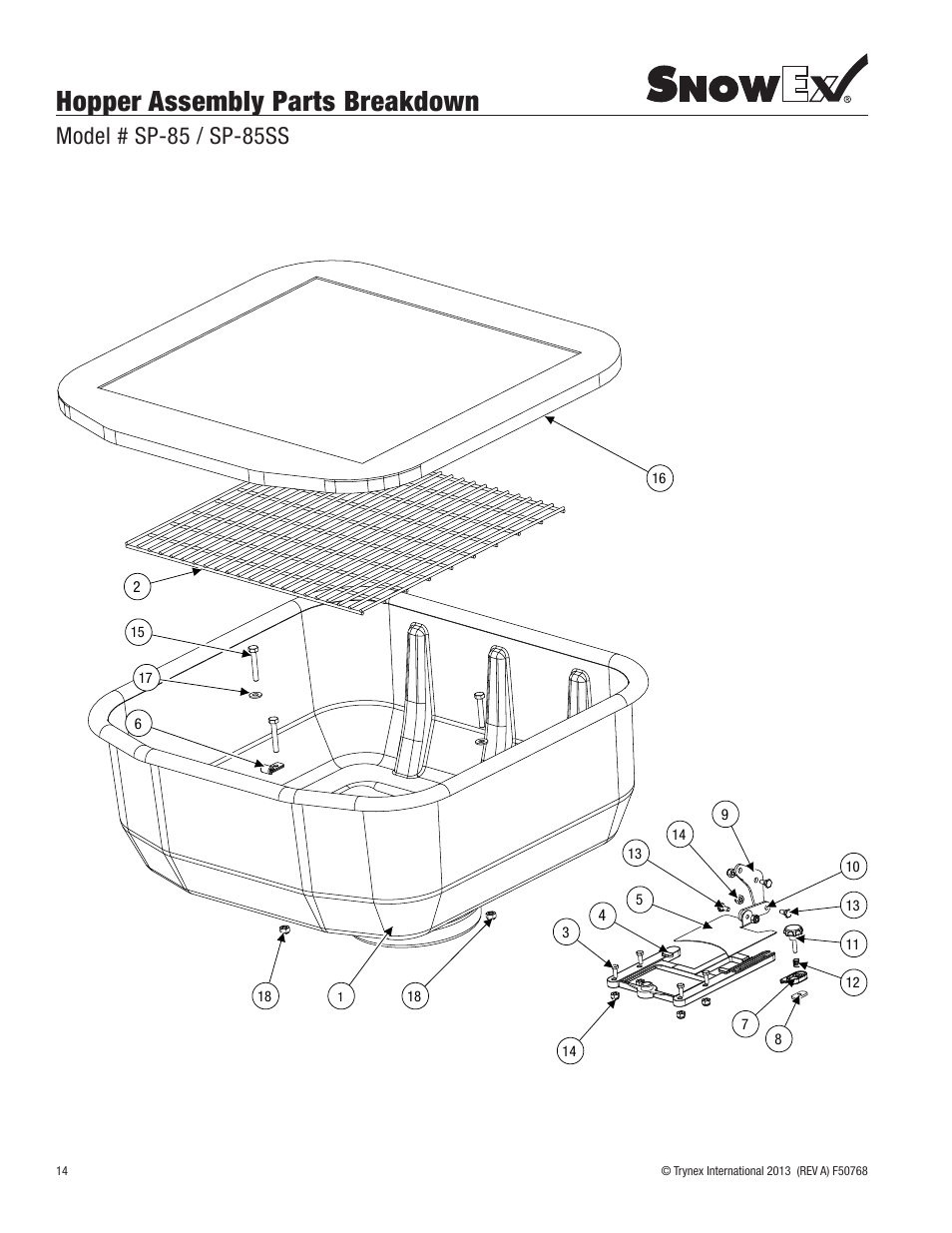 Hopper assembly parts breakdown, Model # sp-85 / sp-85ss | SnowEx SP-85SS User Manual | Page 14 / 28