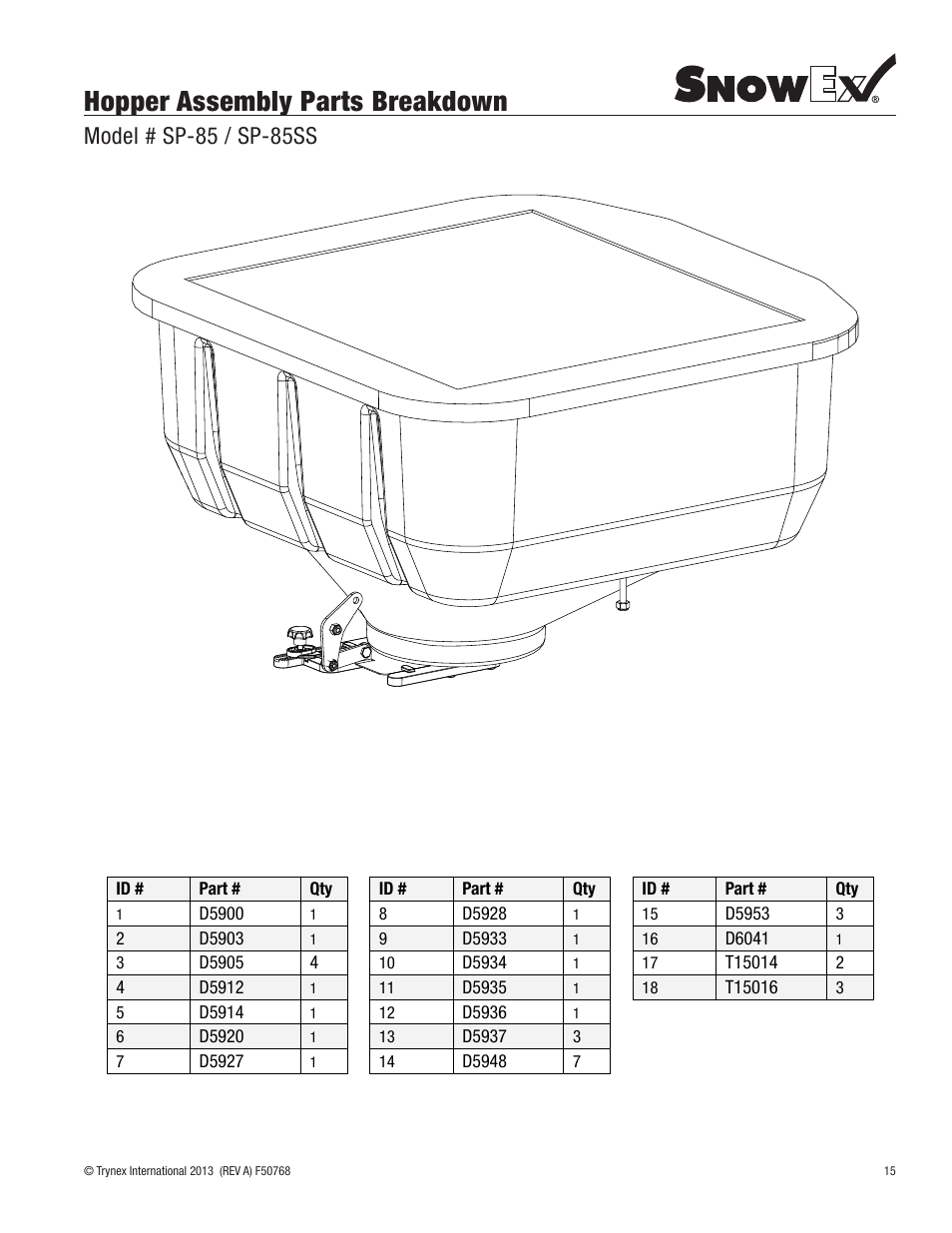 Hopper assembly parts breakdown, Model # sp-85 / sp-85ss | SnowEx SP-85SS User Manual | Page 15 / 28