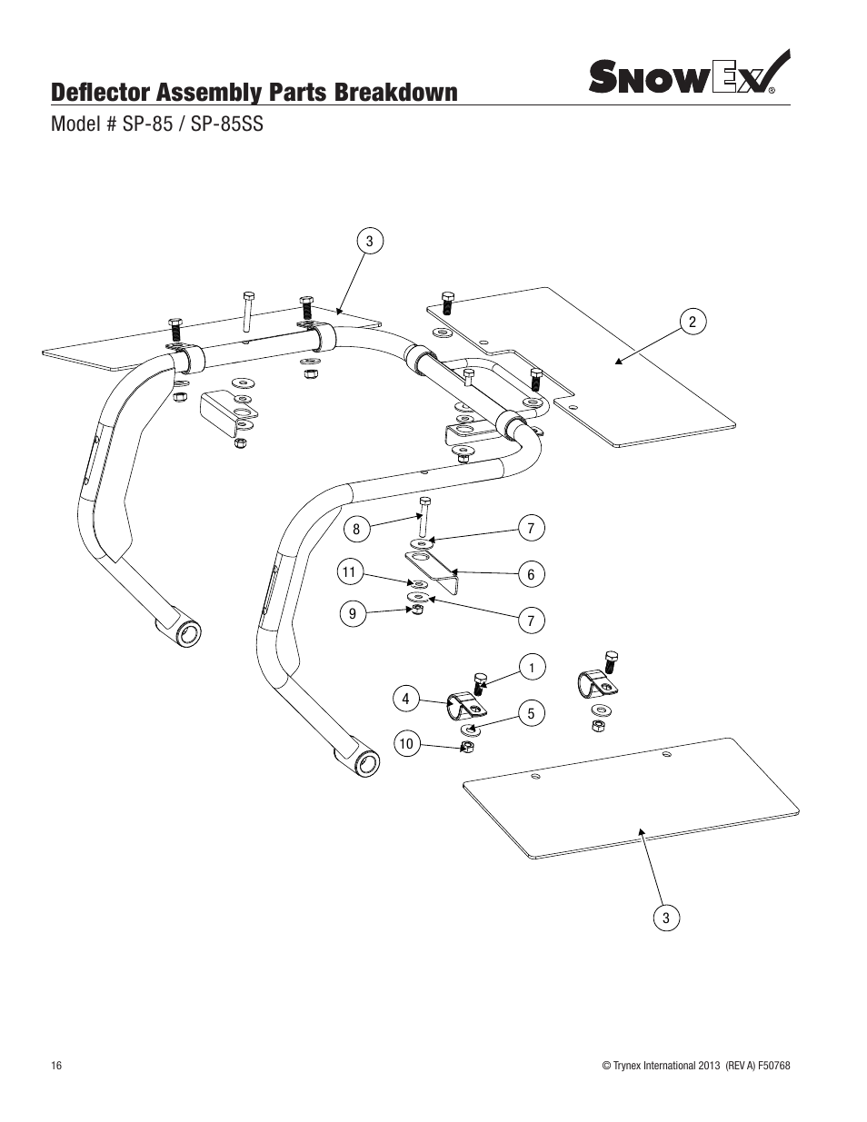 Deflector assembly parts breakdown, Model # sp-85 / sp-85ss | SnowEx SP-85SS User Manual | Page 16 / 28