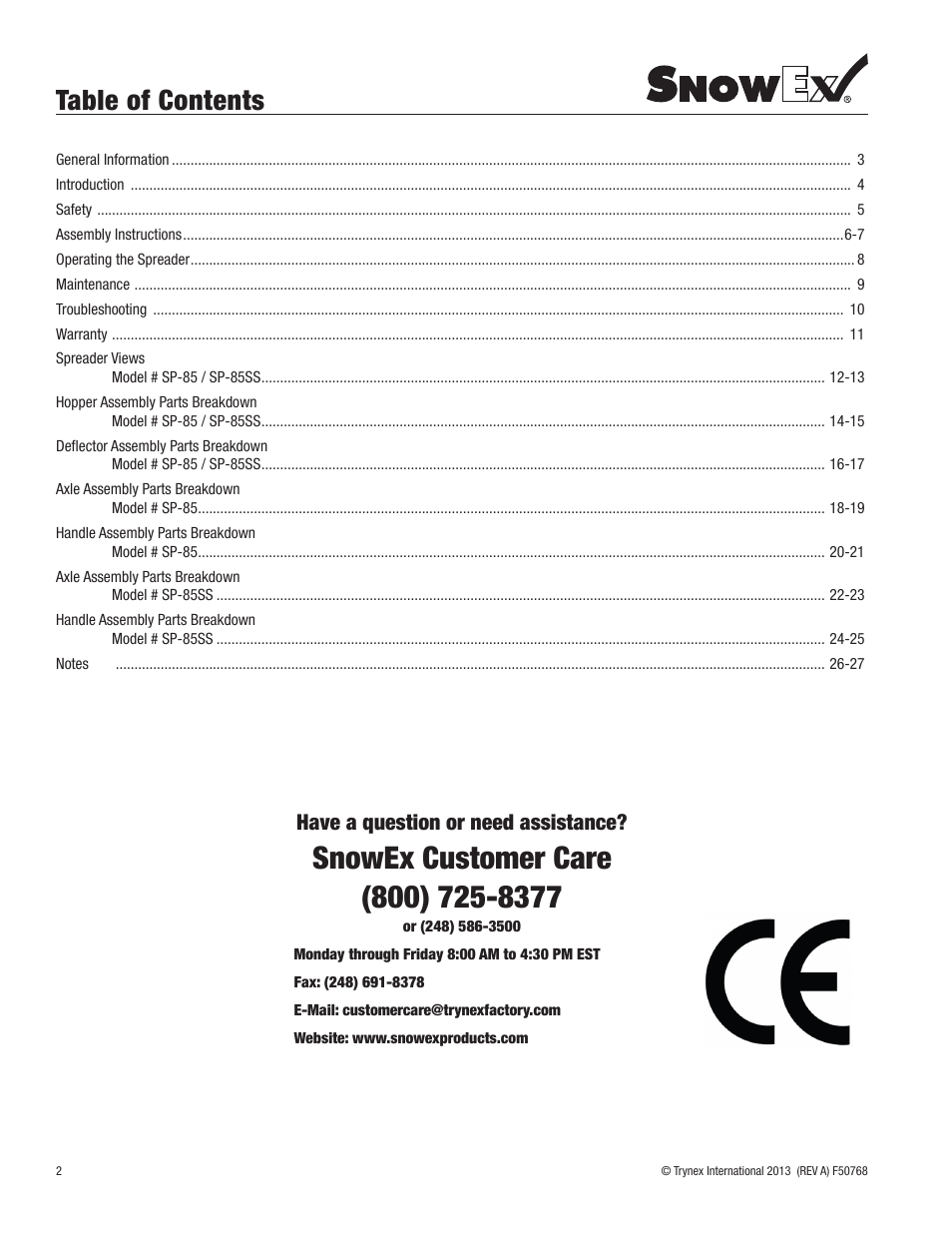 SnowEx SP-85SS User Manual | Page 2 / 28