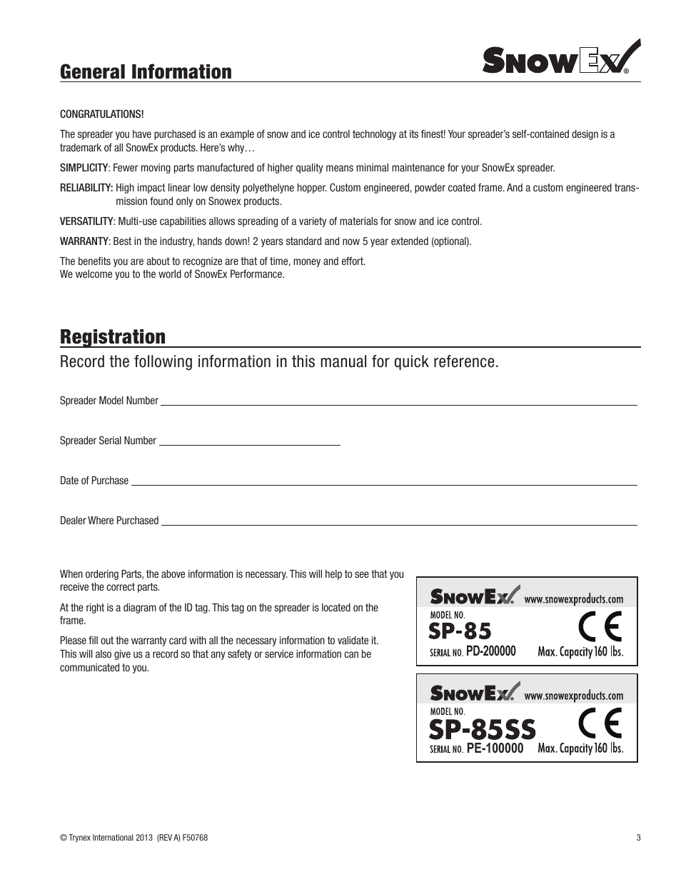 General information, Registration | SnowEx SP-85SS User Manual | Page 3 / 28
