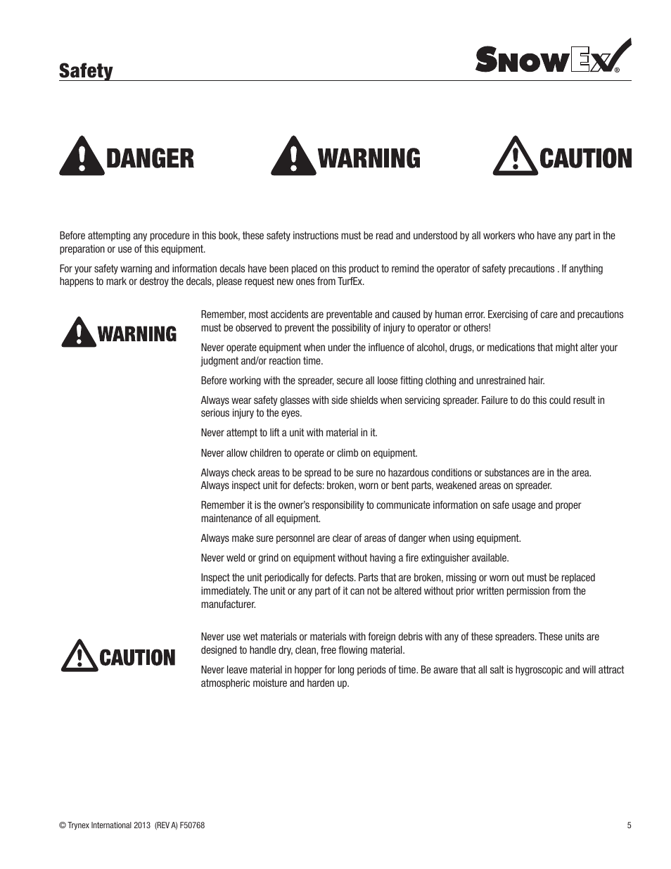 Safety | SnowEx SP-85SS User Manual | Page 5 / 28