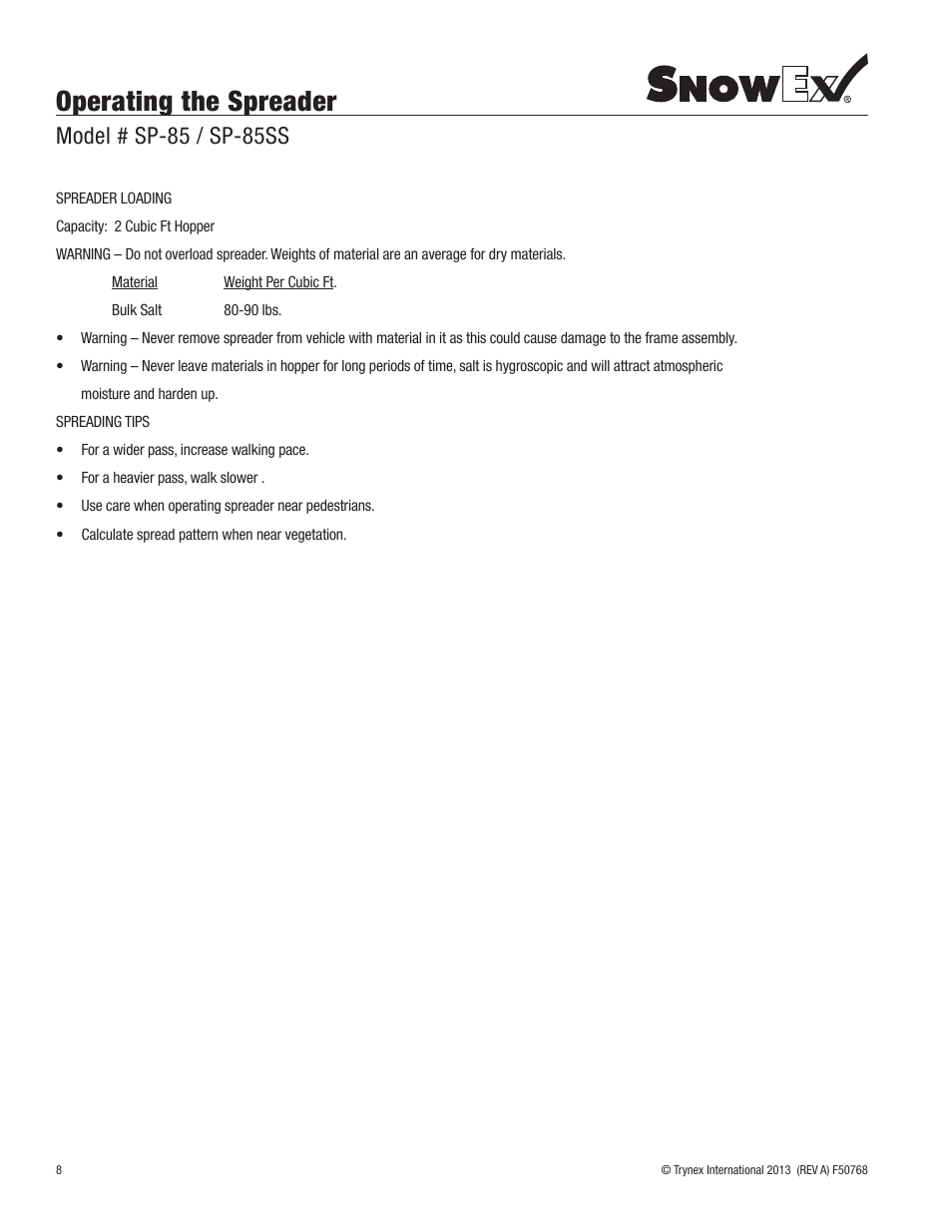 Operating the spreader, Model # sp-85 / sp-85ss | SnowEx SP-85SS User Manual | Page 8 / 28