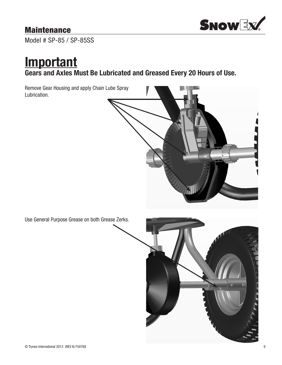 Important, Maintenance | SnowEx SP-85SS User Manual | Page 9 / 28