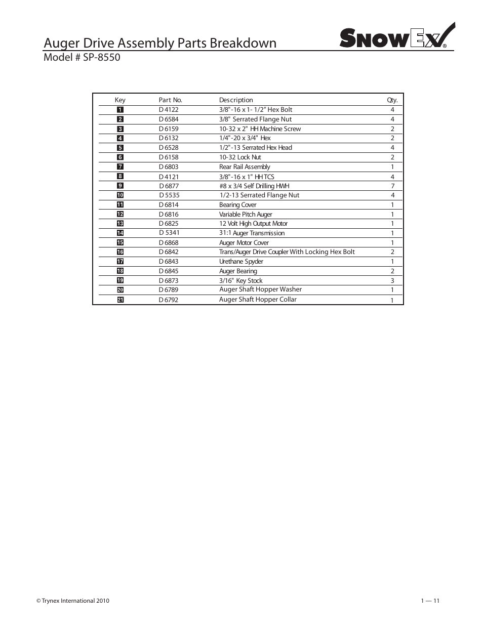 Auger drive assembly parts breakdown, Model # sp-8550 | SnowEx SP-8550 User Manual | Page 11 / 37