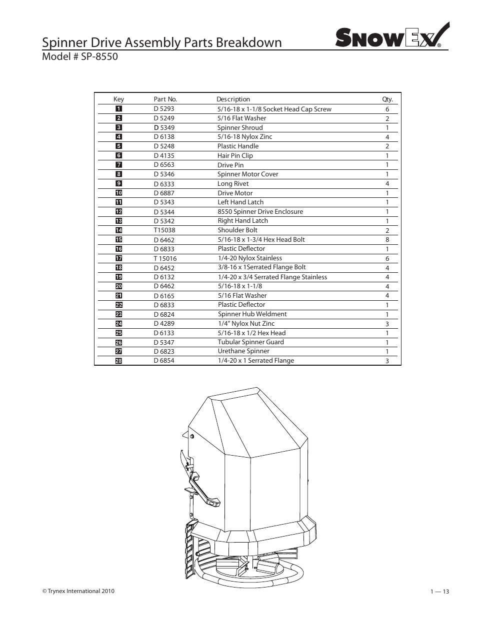 Spinner drive assembly parts breakdown, Model # sp-8550 | SnowEx SP-8550 User Manual | Page 13 / 37