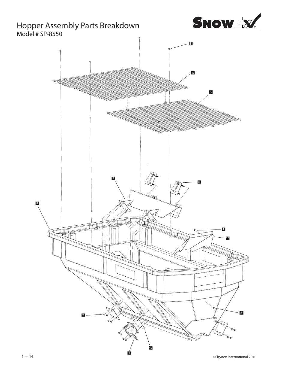 Hopper assembly parts breakdown | SnowEx SP-8550 User Manual | Page 14 / 37