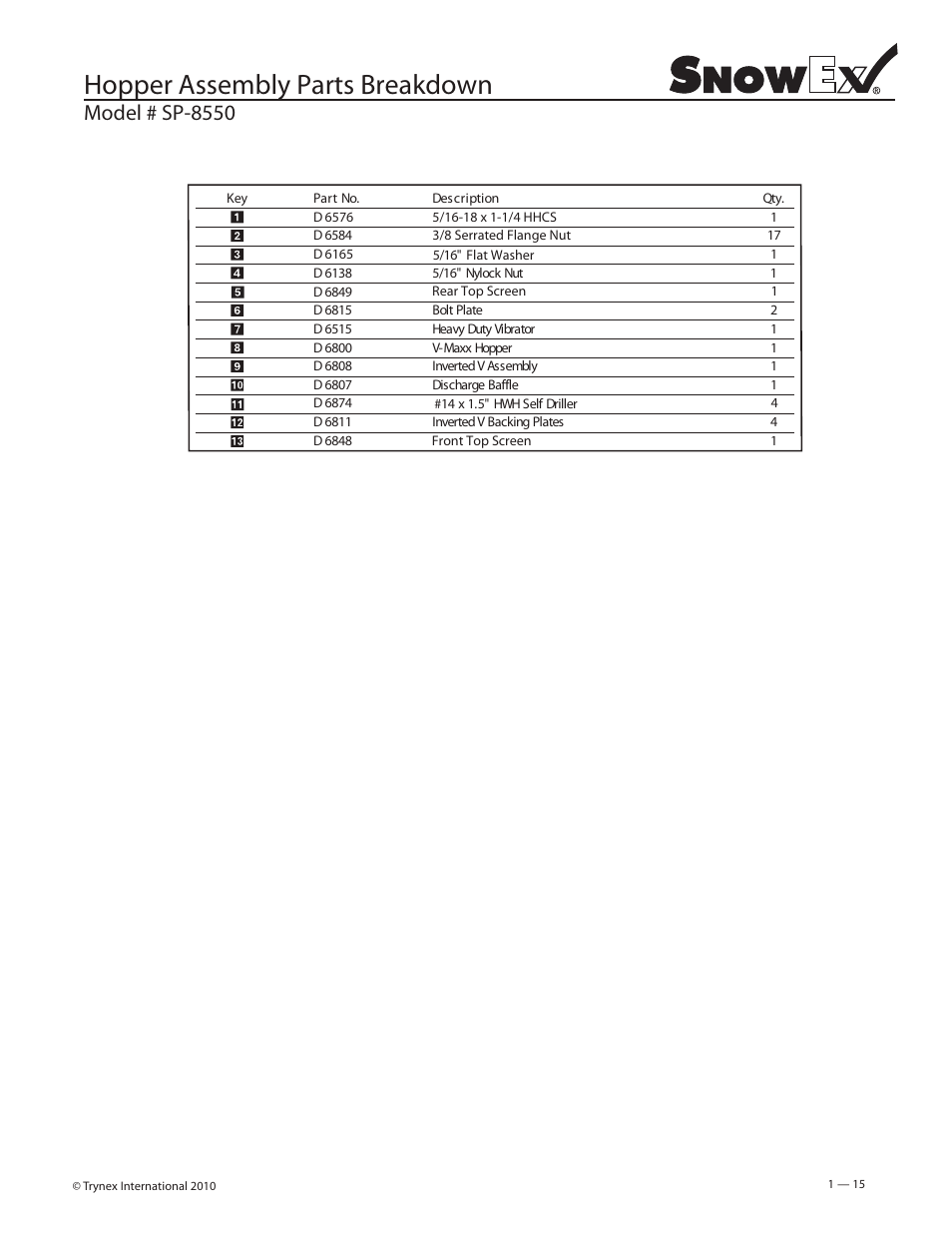 Hopper assembly parts breakdown, Model # sp-8550 | SnowEx SP-8550 User Manual | Page 15 / 37