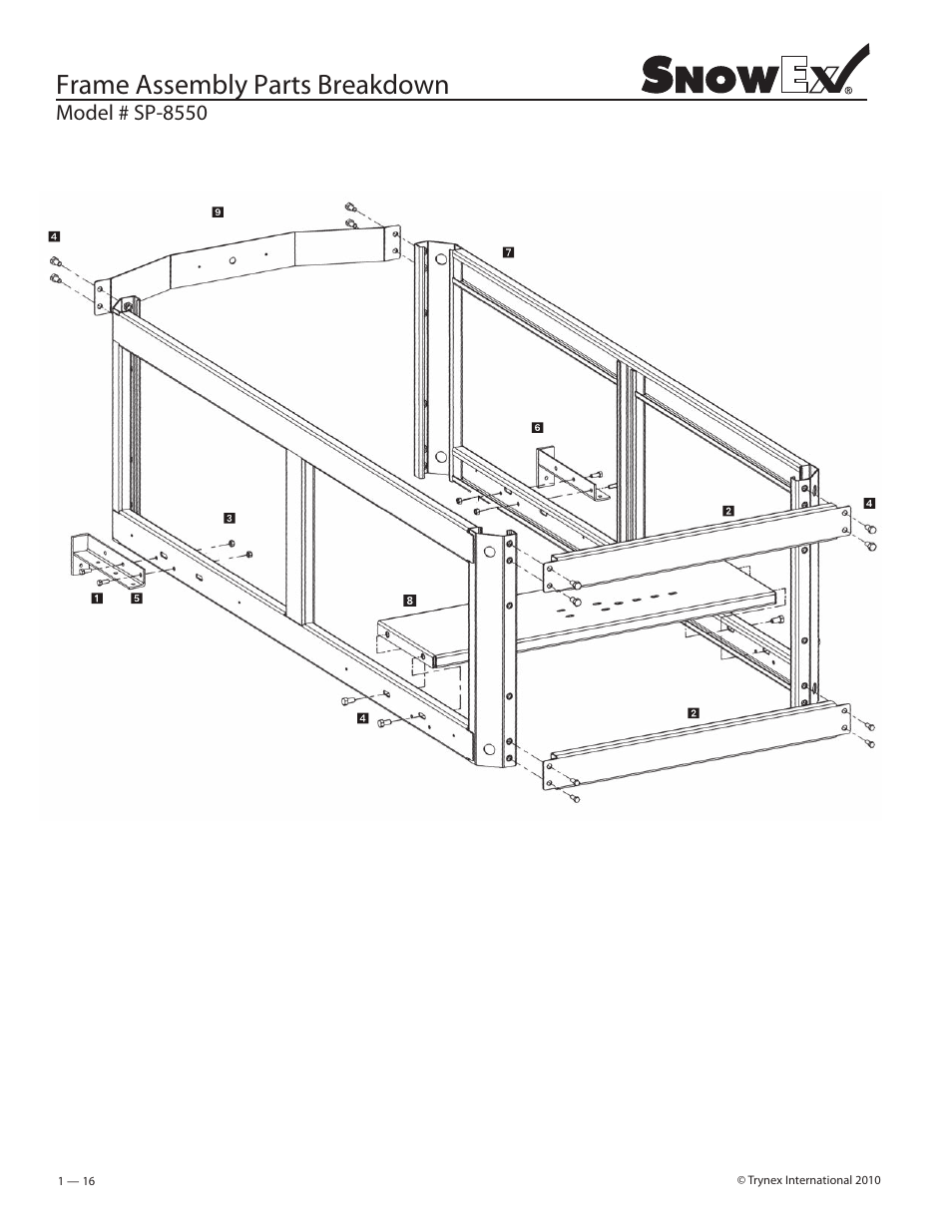 Frame assembly parts breakdown, Model # sp-8550 | SnowEx SP-8550 User Manual | Page 16 / 37