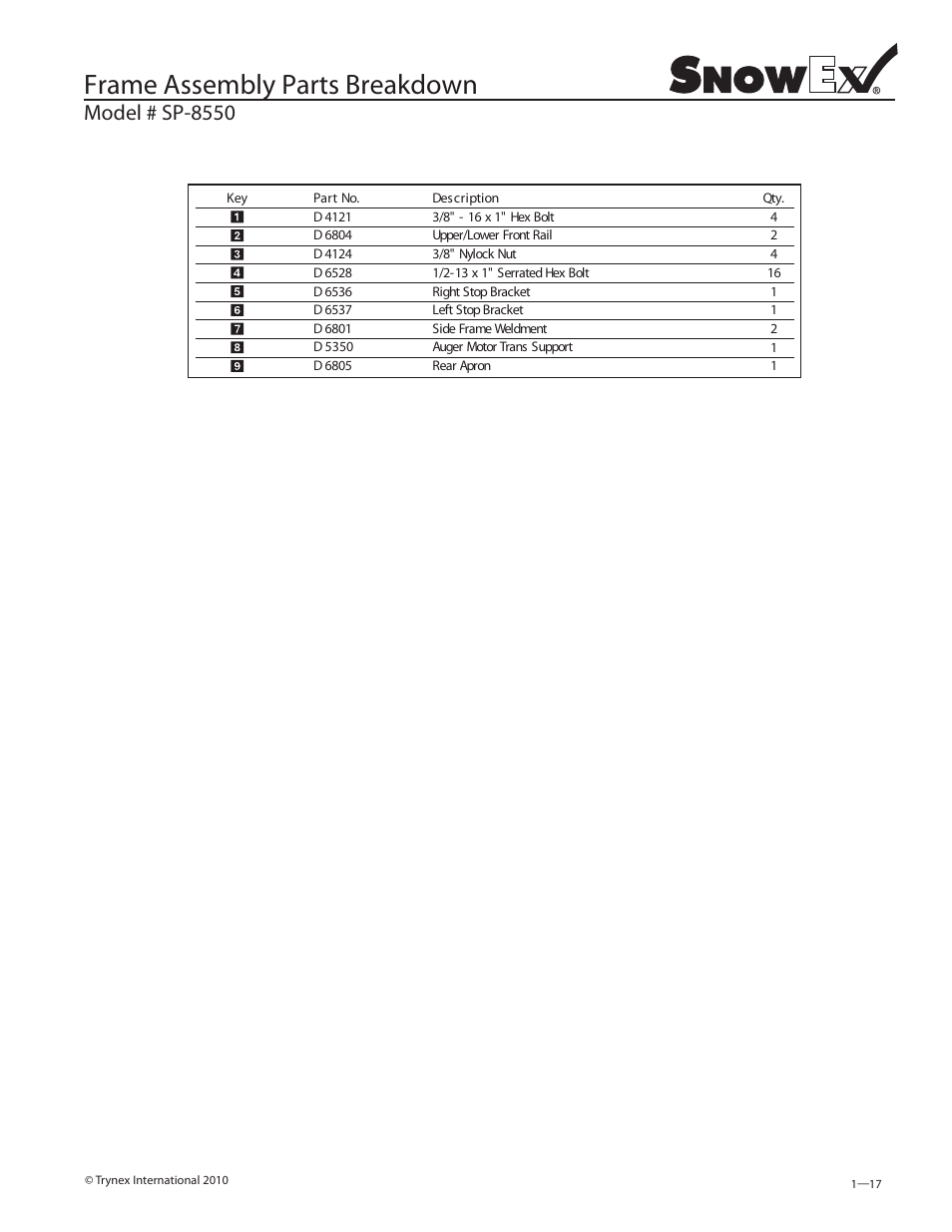 Frame assembly parts breakdown, Model # sp-8550 | SnowEx SP-8550 User Manual | Page 17 / 37