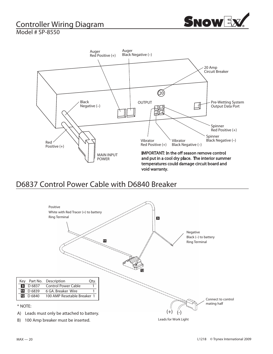 Controller wiring diagram, Model # sp-8550 | SnowEx SP-8550 User Manual | Page 20 / 37
