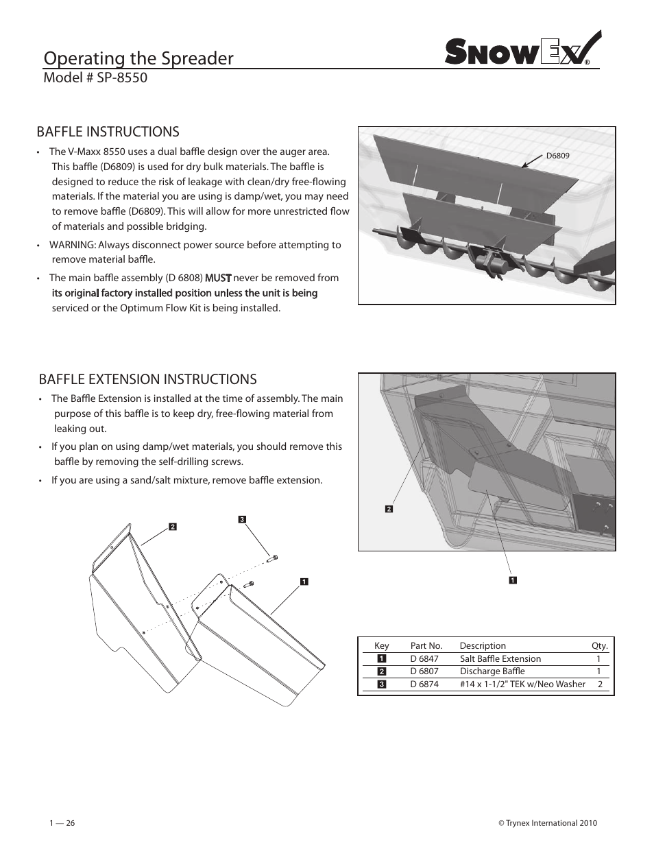 Operating the spreader, Baffle instructions, Baffle extension instructions | Model # sp-8550 | SnowEx SP-8550 User Manual | Page 27 / 37