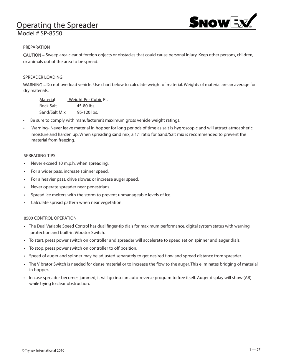 Operating the spreader, Model # sp-8550 | SnowEx SP-8550 User Manual | Page 28 / 37