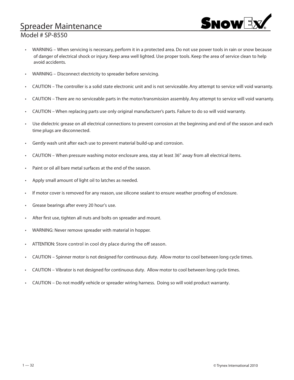 Spreader maintenance, Model # sp-8550 | SnowEx SP-8550 User Manual | Page 33 / 37