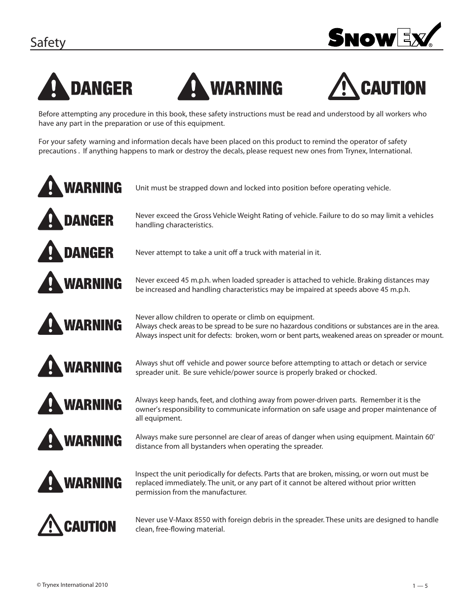 Safety | SnowEx SP-8550 User Manual | Page 5 / 37