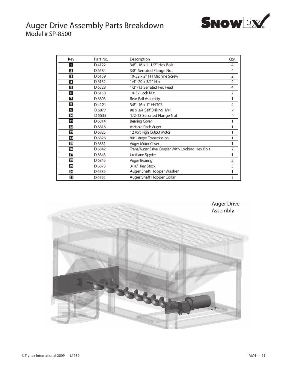 Auger drive assembly parts breakdown, Model # sp-8500, Auger drive assembly | SnowEx SP-8500 User Manual | Page 11 / 34