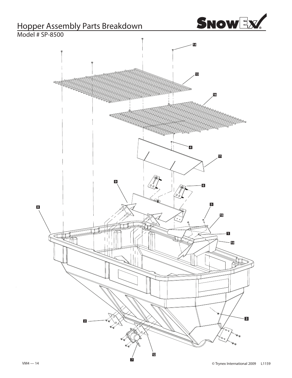 Hopper assembly parts breakdown | SnowEx SP-8500 User Manual | Page 14 / 34