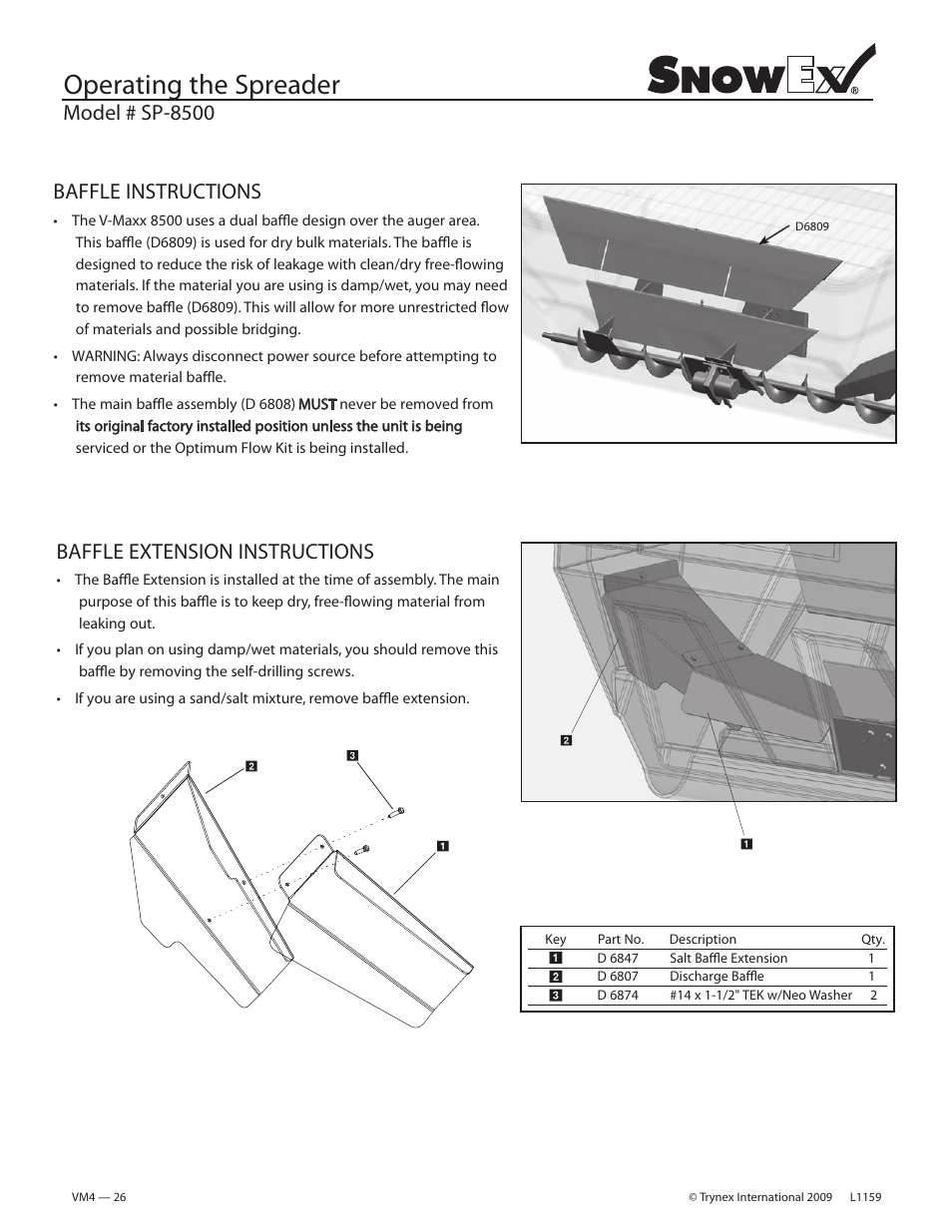 Operating the spreader, Baffle instructions, Baffle extension instructions | Model # sp-8500 | SnowEx SP-8500 User Manual | Page 25 / 34