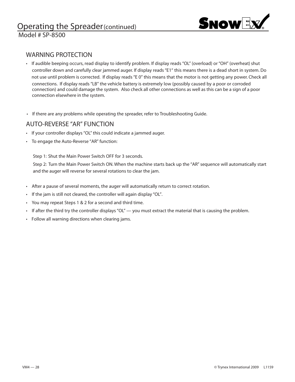 Operating the spreader, Model # sp-8500, Continued) | Warning protection, Auto-reverse “ar” function | SnowEx SP-8500 User Manual | Page 27 / 34
