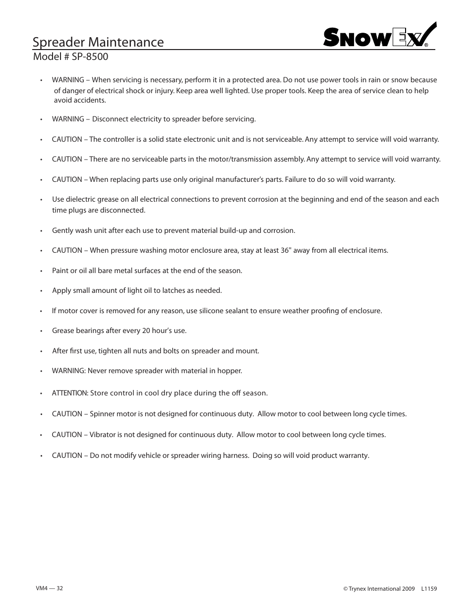 Spreader maintenance, Model # sp-8500 | SnowEx SP-8500 User Manual | Page 31 / 34