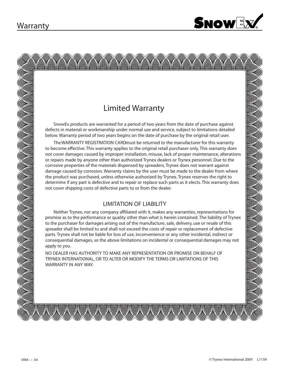 Warranty limited warranty, Limitation of liability | SnowEx SP-8500 User Manual | Page 33 / 34