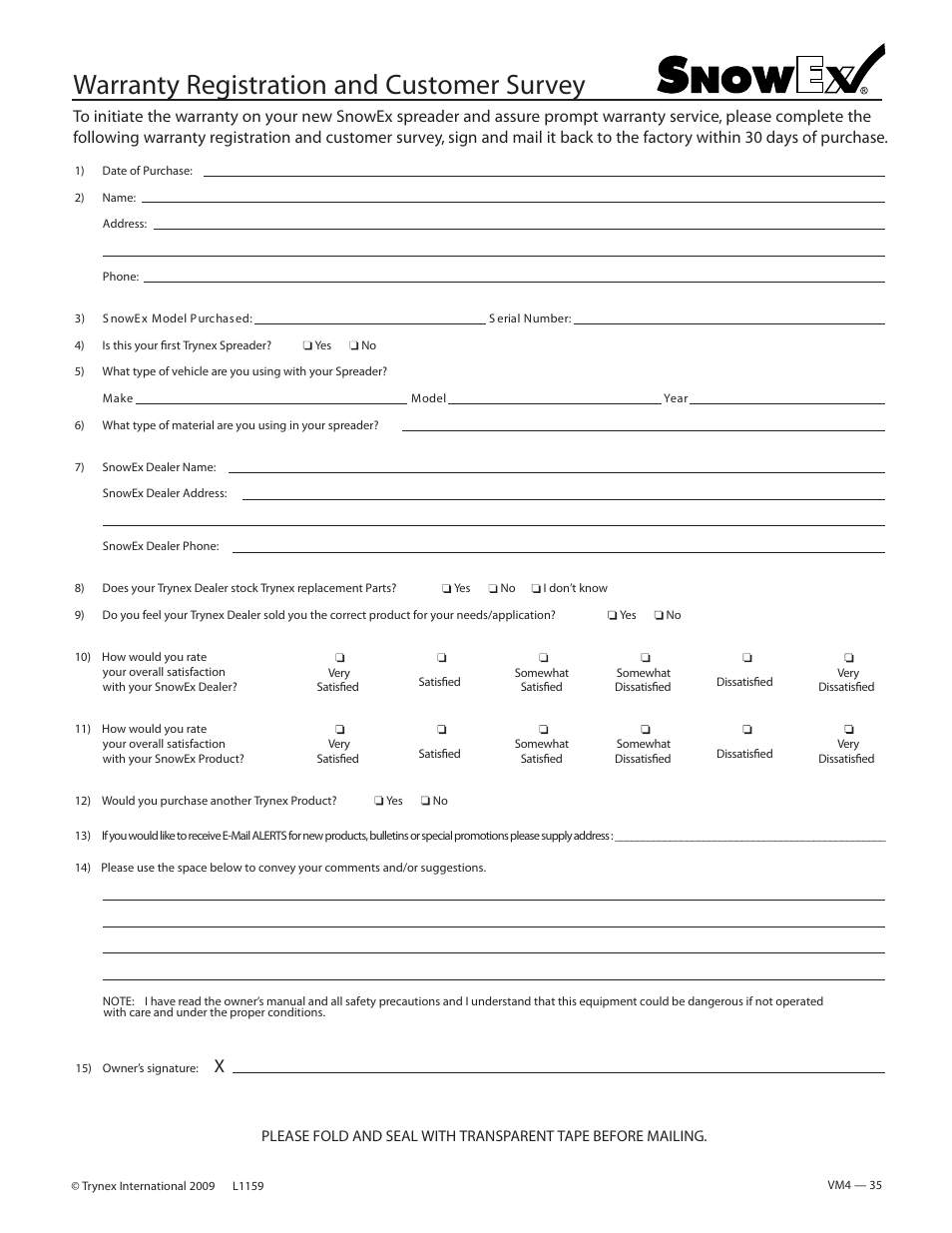 Warranty registration and customer survey | SnowEx SP-8500 User Manual | Page 34 / 34