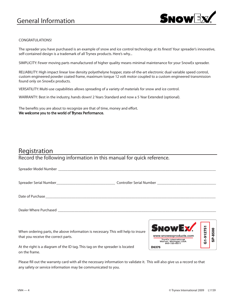 General information, Registration | SnowEx SP-8500 User Manual | Page 4 / 34