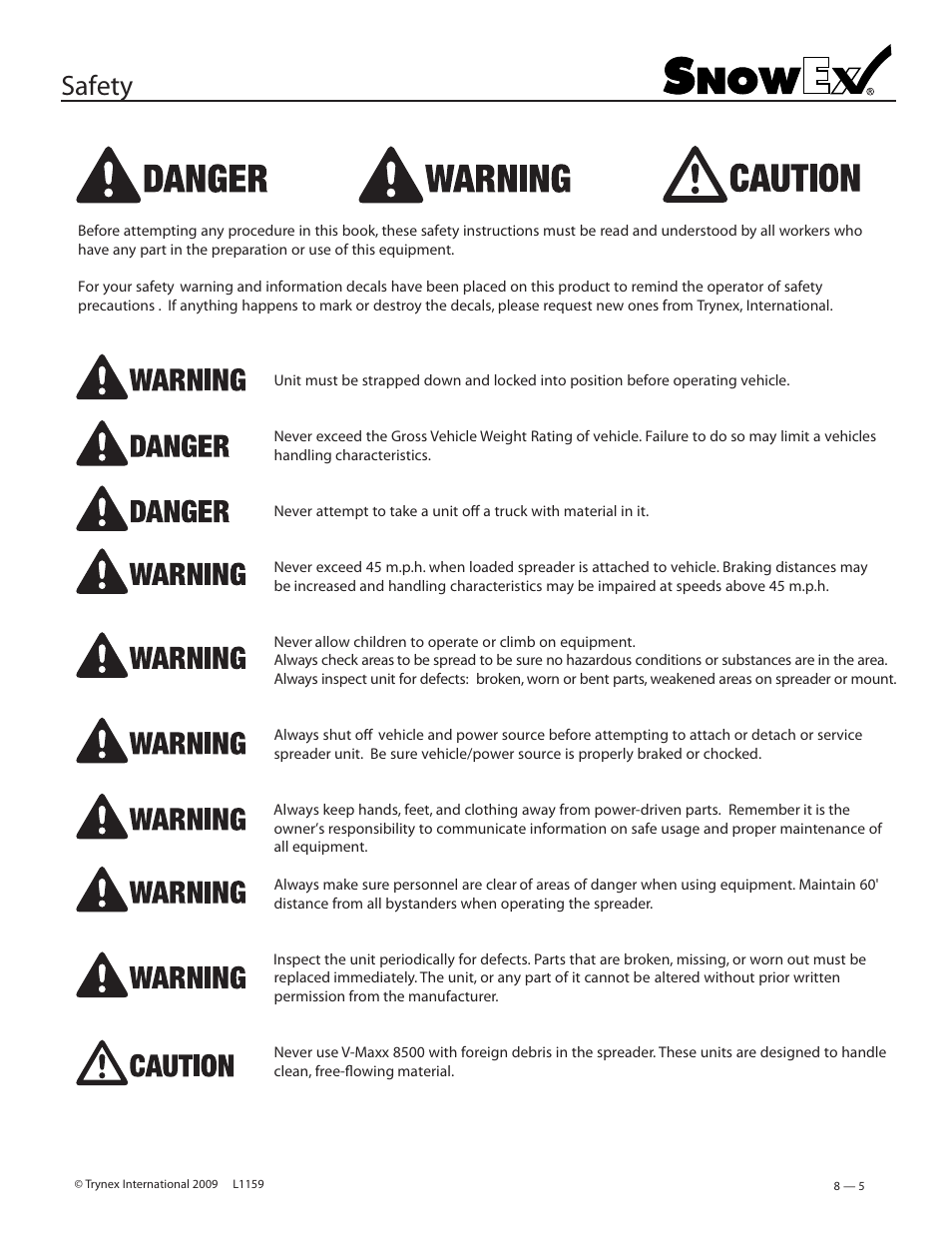 Safety | SnowEx SP-8500 User Manual | Page 5 / 34