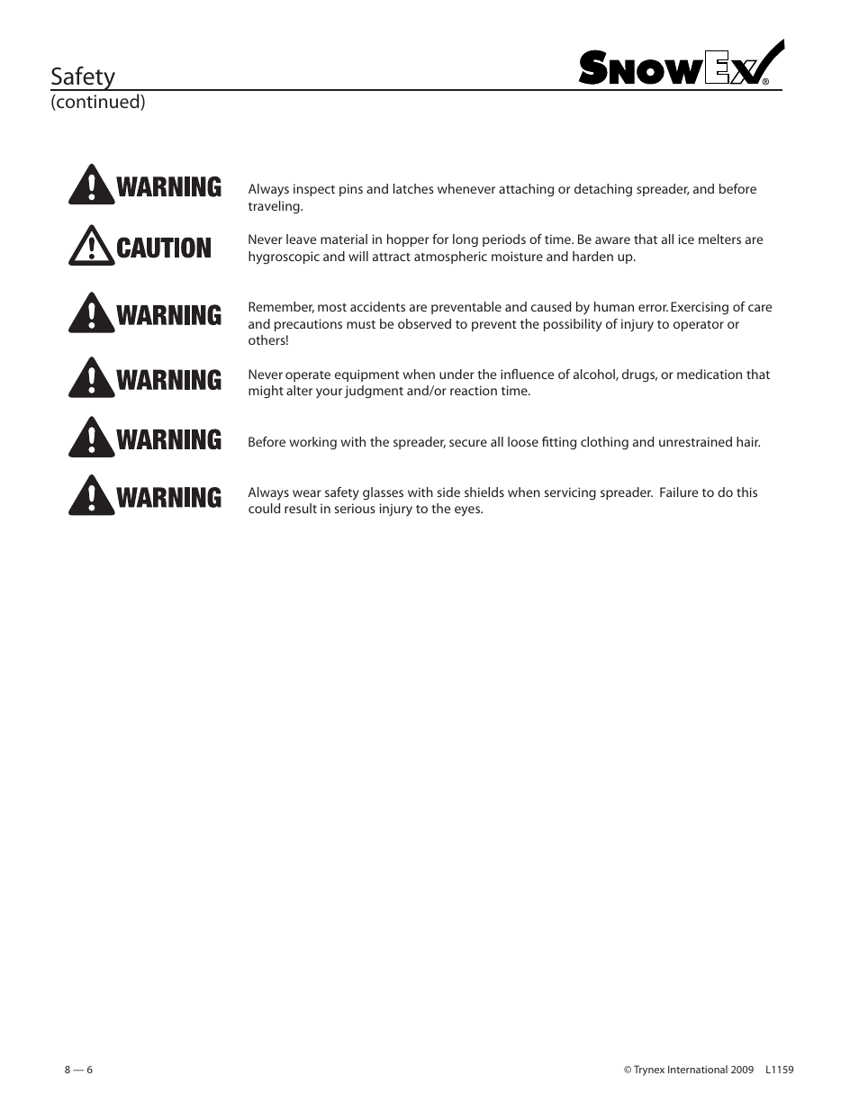 Safety, Continued) | SnowEx SP-8500 User Manual | Page 6 / 34