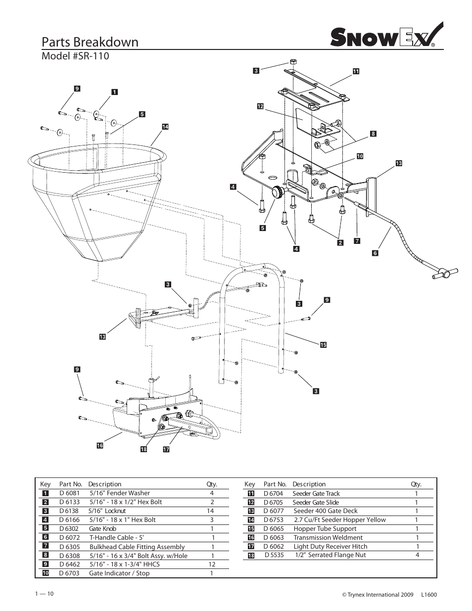 Parts breakdown, Model #sr-110 | SnowEx SR-210 User Manual | Page 10 / 28
