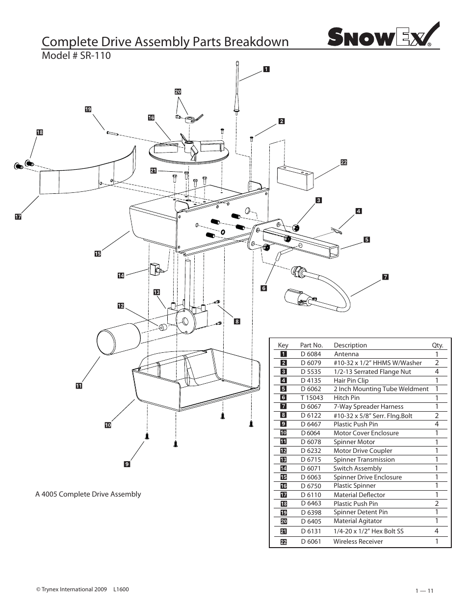 Complete drive assembly parts breakdown, Model # sr-110 | SnowEx SR-210 User Manual | Page 11 / 28
