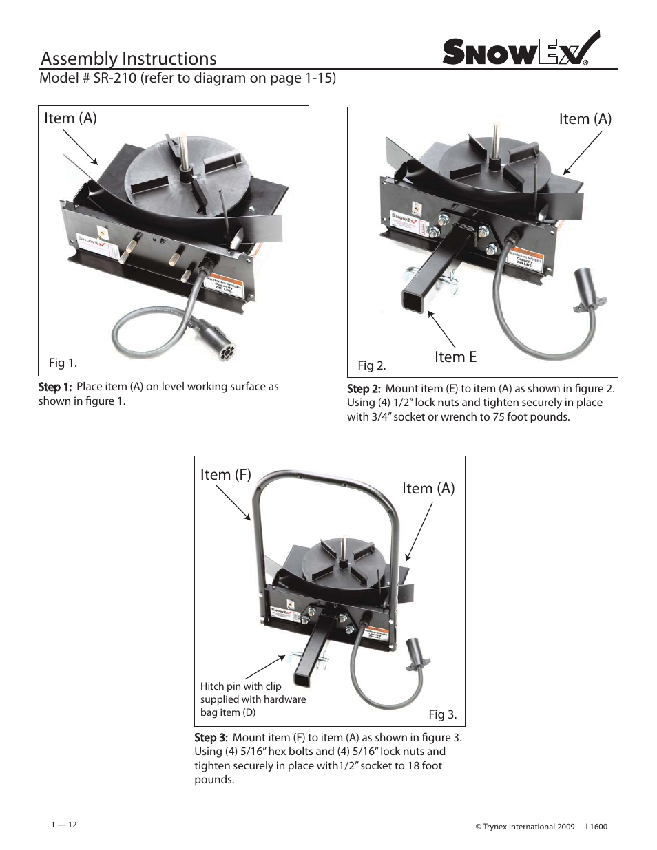 Assembly instructions, Item (a) item e item (f), Item (a) | SnowEx SR-210 User Manual | Page 12 / 28