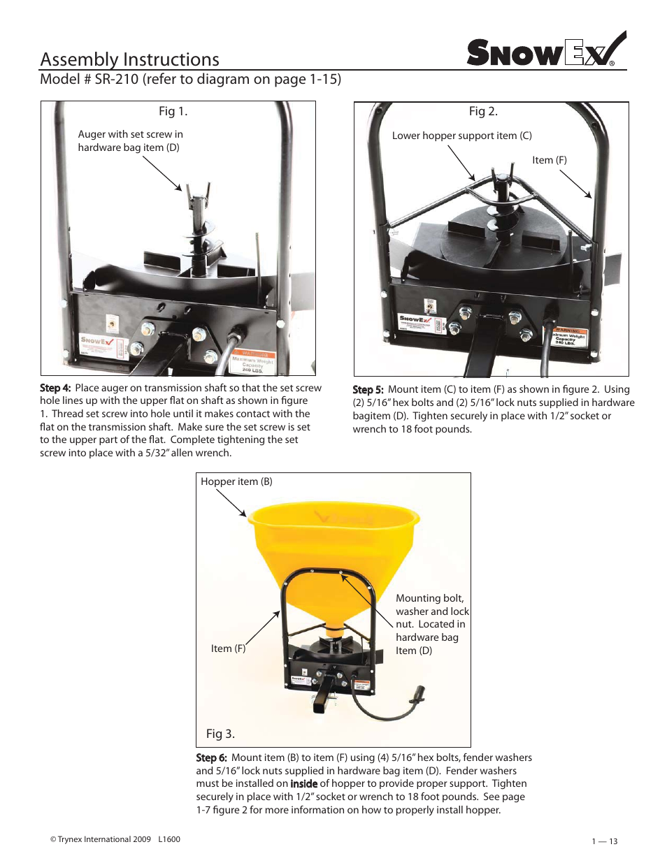 Assembly instructions | SnowEx SR-210 User Manual | Page 13 / 28