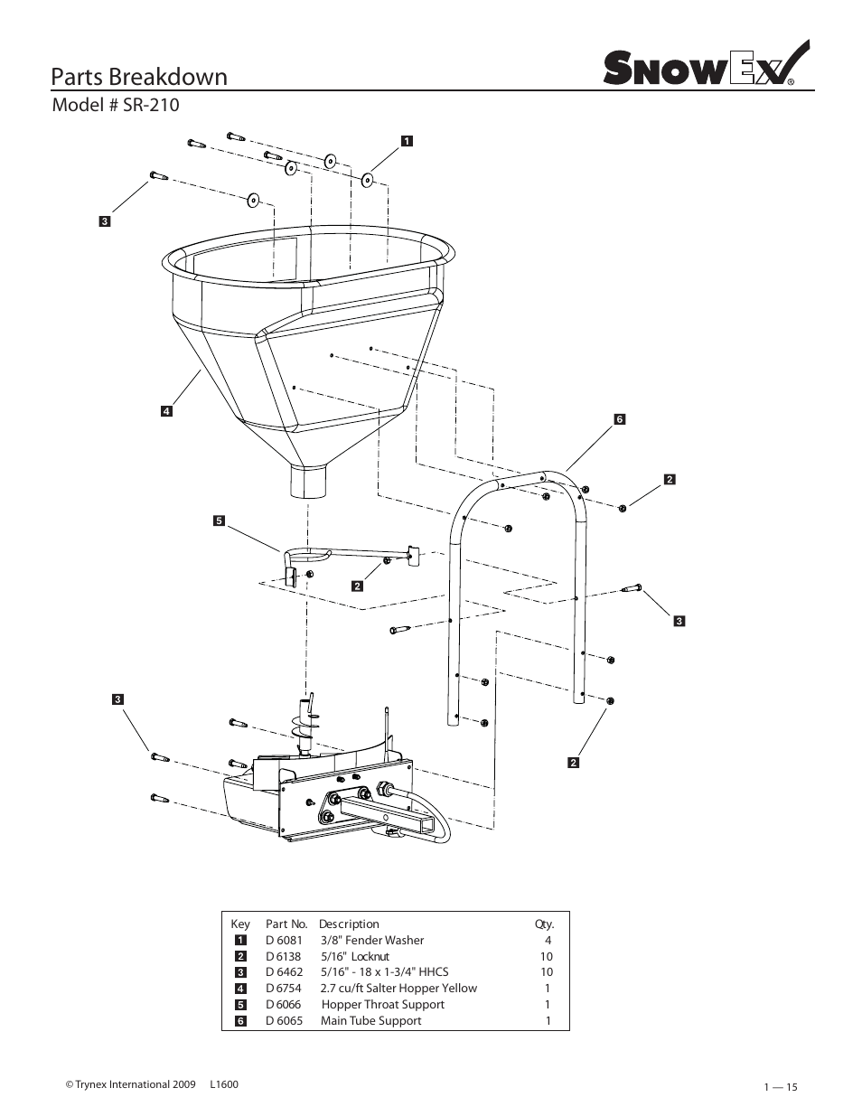 Parts breakdown, Model # sr-210 | SnowEx SR-210 User Manual | Page 15 / 28