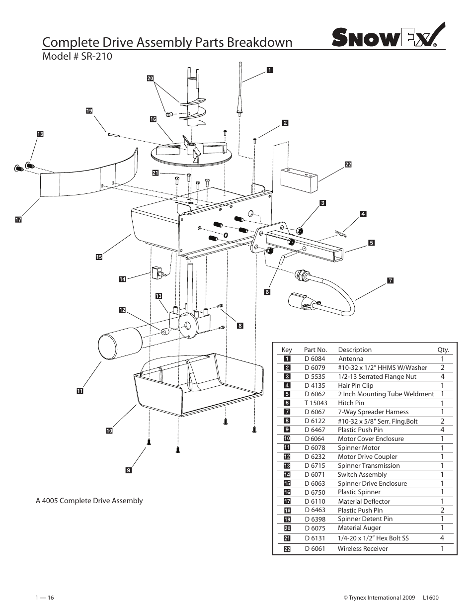 Complete drive assembly parts breakdown, Model # sr-210 | SnowEx SR-210 User Manual | Page 16 / 28