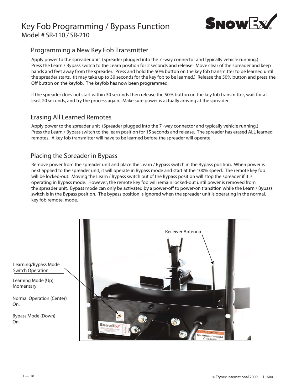 Key fob programming / bypass function, Erasing all learned remotes, Placing the spreader in bypass | SnowEx SR-210 User Manual | Page 18 / 28