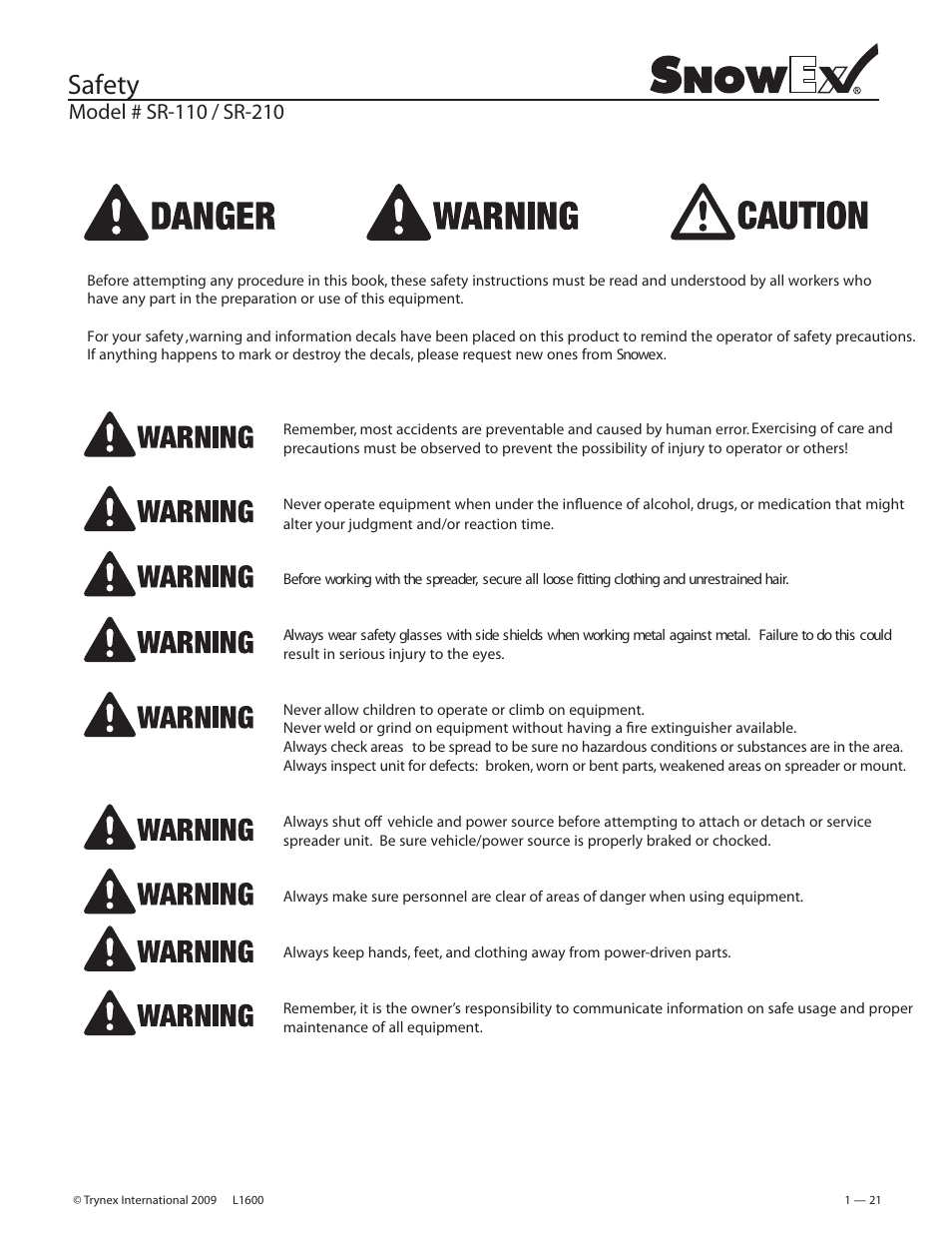 Safety | SnowEx SR-210 User Manual | Page 21 / 28