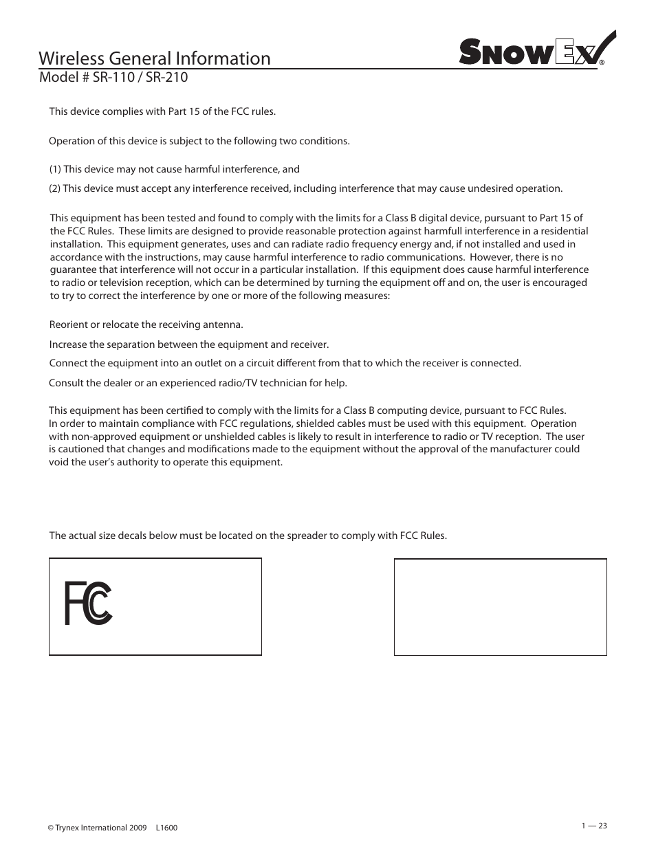 Wireless general information | SnowEx SR-210 User Manual | Page 23 / 28