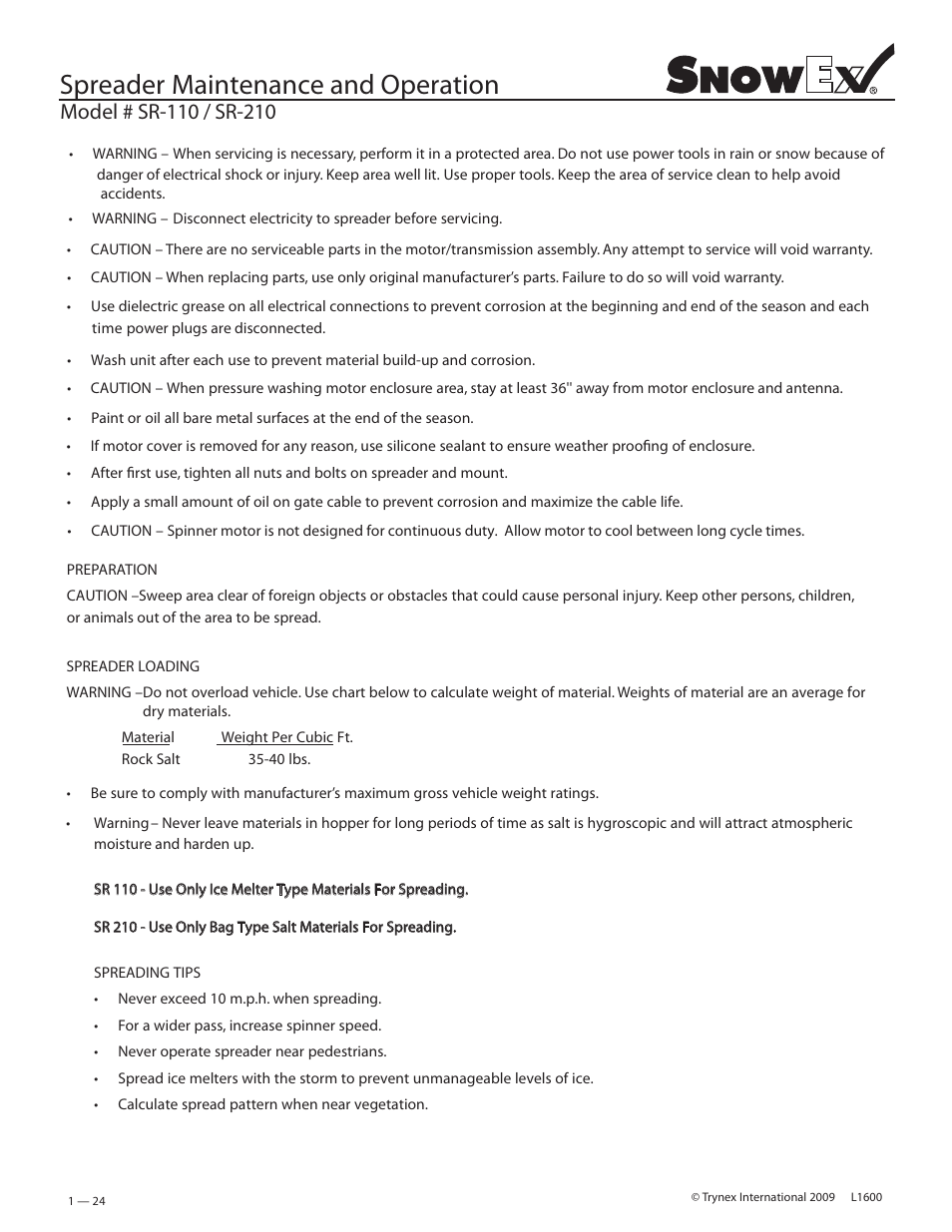 Spreader maintenance and operation | SnowEx SR-210 User Manual | Page 24 / 28