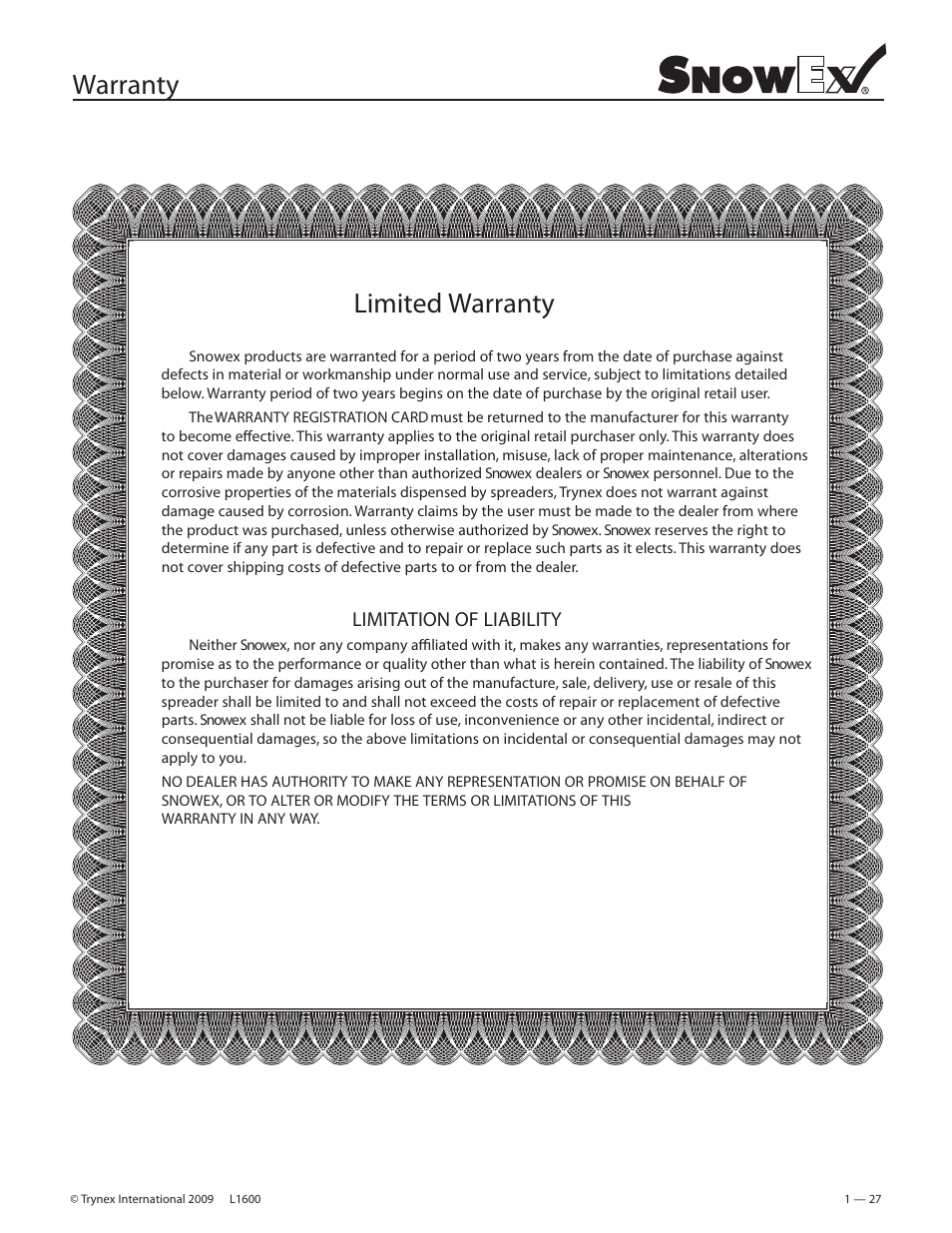 Warranty limited warranty | SnowEx SR-210 User Manual | Page 27 / 28