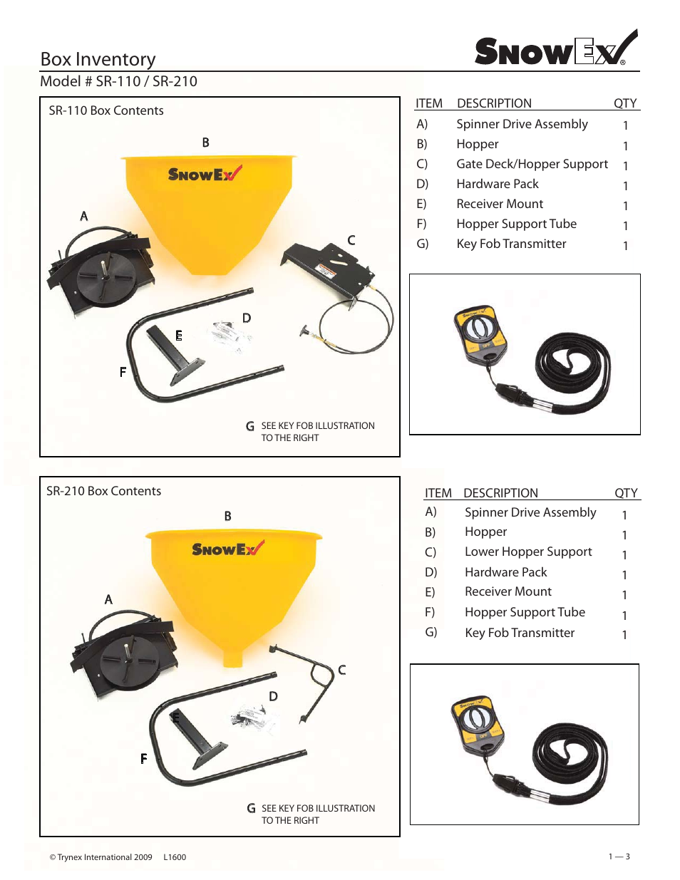 Box inventory | SnowEx SR-210 User Manual | Page 3 / 28