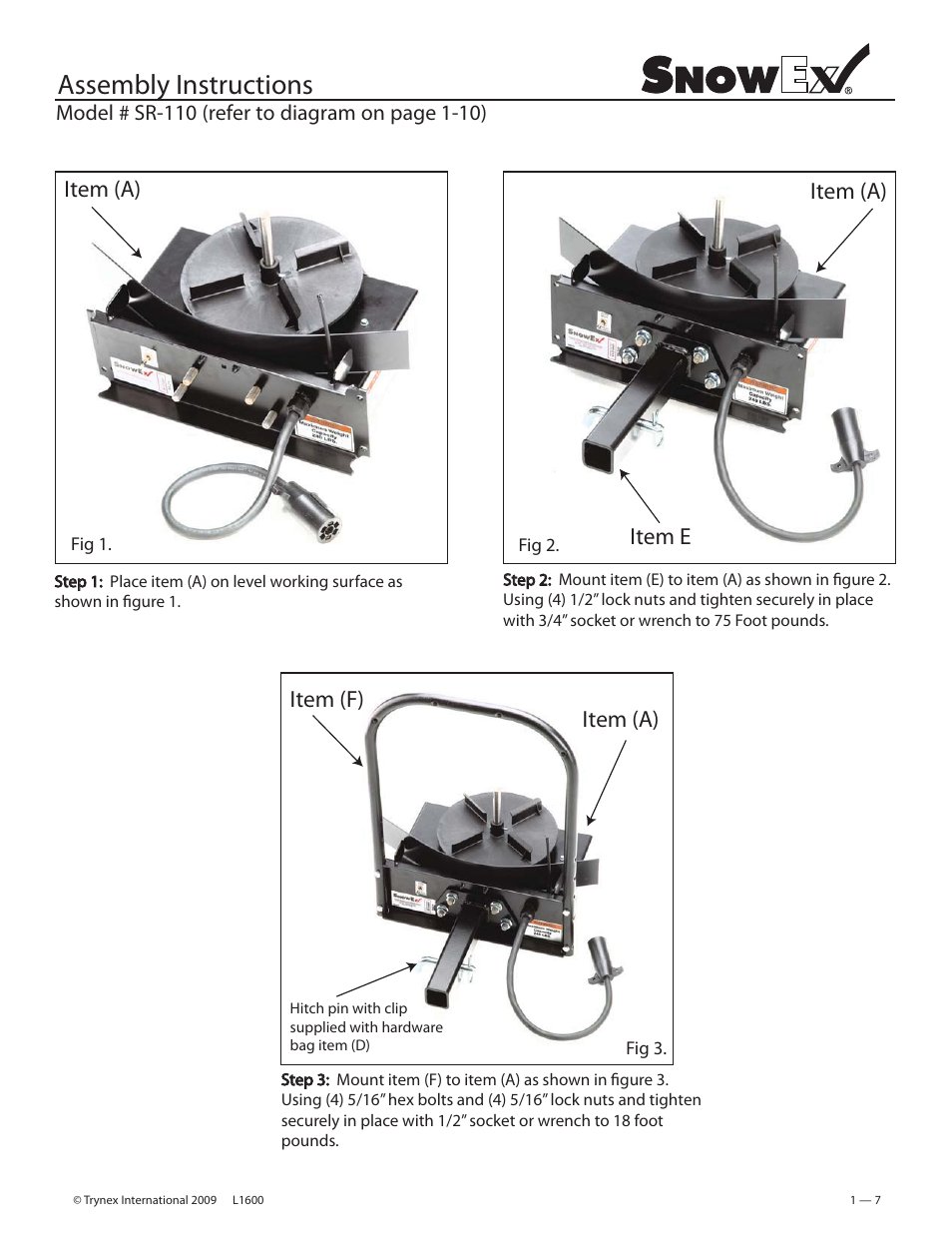 Assembly instructions, Item (a) item e item (f), Item (a) | SnowEx SR-210 User Manual | Page 7 / 28