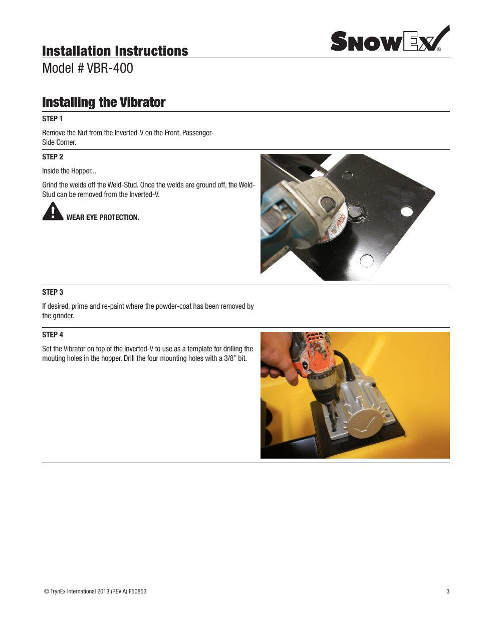 Installation instructions model # vbr-400, Installing the vibrator | SnowEx VBR-400 User Manual | Page 3 / 12