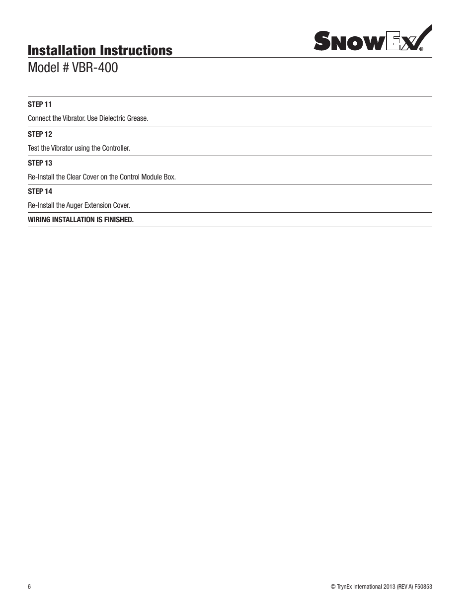 Installation instructions model # vbr-400 | SnowEx VBR-400 User Manual | Page 6 / 12
