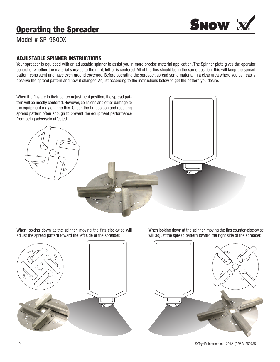 Operating the spreader, Model # sp-9800x | SnowEx SP-9800X User Manual | Page 10 / 40