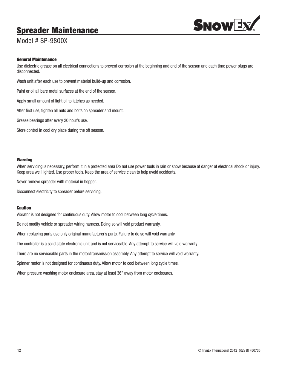 Spreader maintenance, Model # sp-9800x | SnowEx SP-9800X User Manual | Page 12 / 40