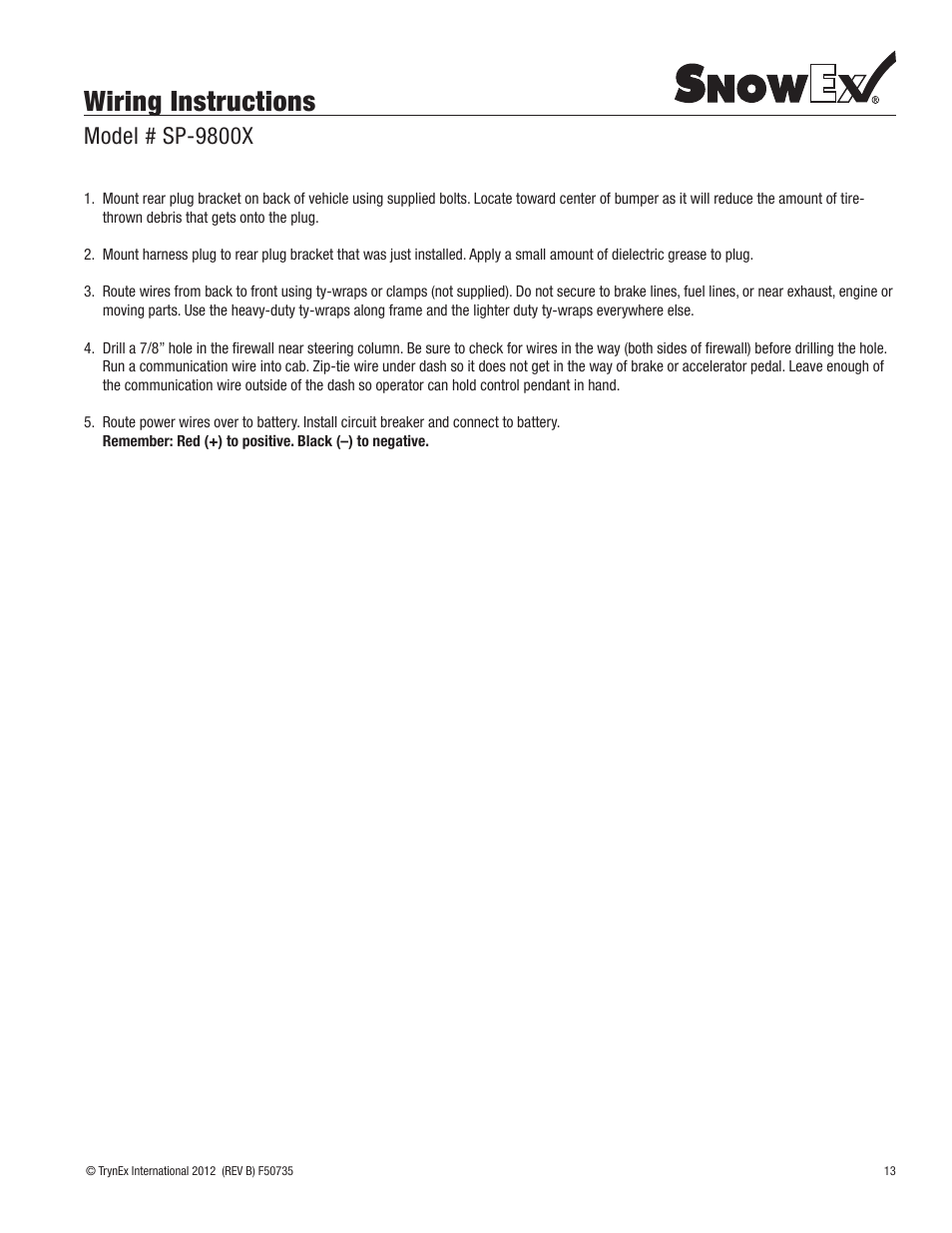 Wiring instructions, Model # sp-9800x | SnowEx SP-9800X User Manual | Page 13 / 40